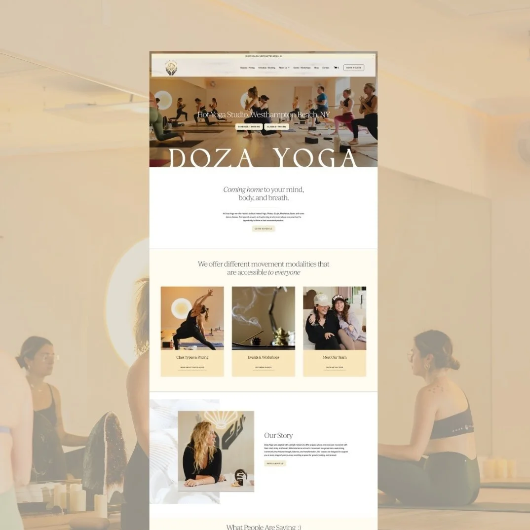 Screenshot of a yoga studio website homepage featuring a header with yoga class options, an image of people practicing yoga in a studio, and sections about classes, events, team, and the studio's story.