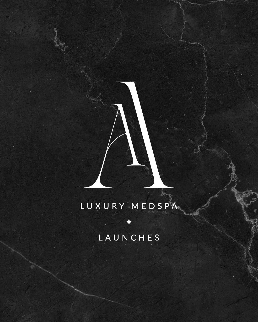 Black marble background with a white minimalist logo featuring the letters 'A' and 'L'. Below the logo, the text reads 'Luxury Medspa Launches'.