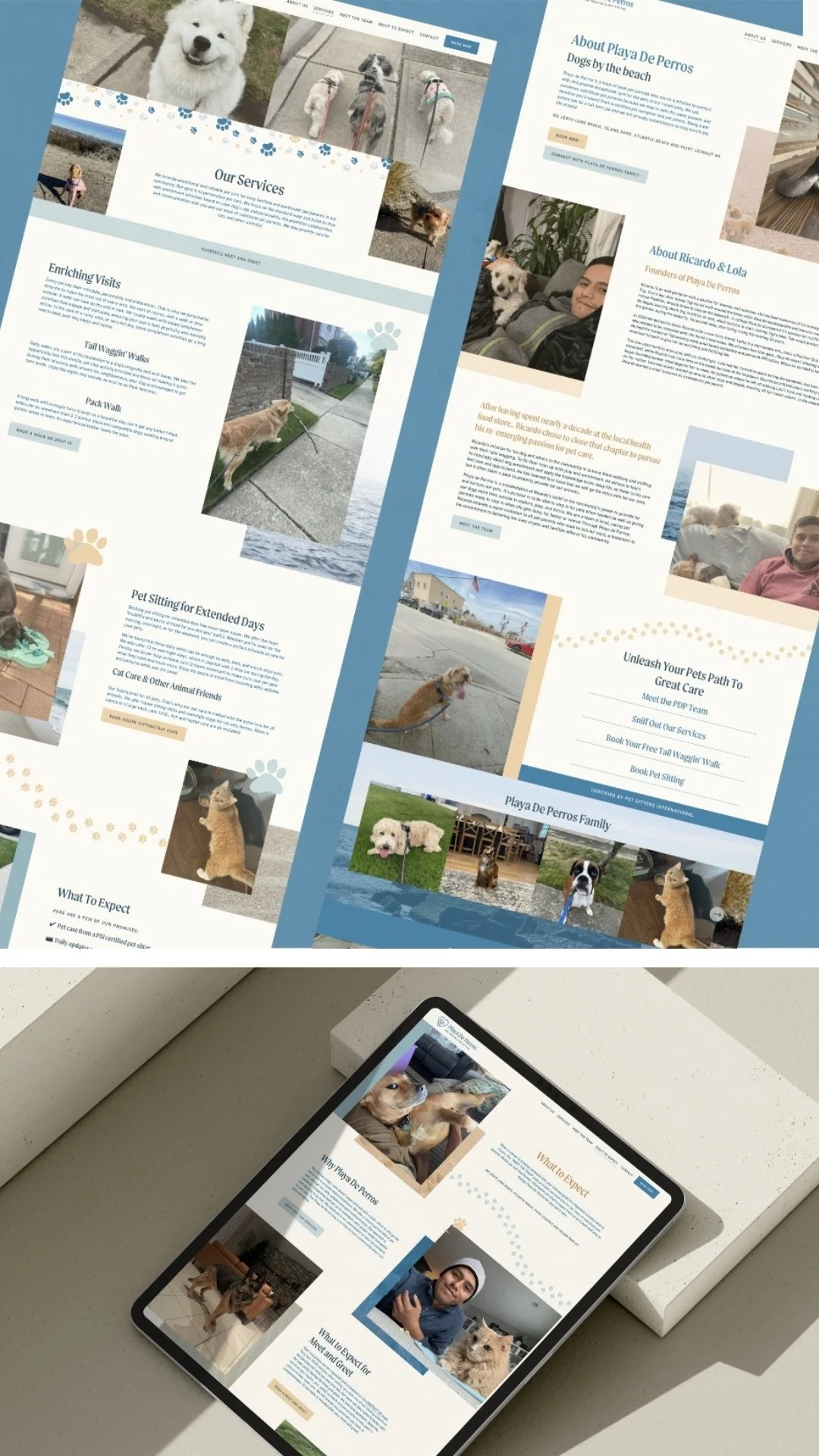 Screenshot of a website on a tablet and a printed page about Playa De Perros, a dog care service featuring photos of dogs and information about services, team members, and family.