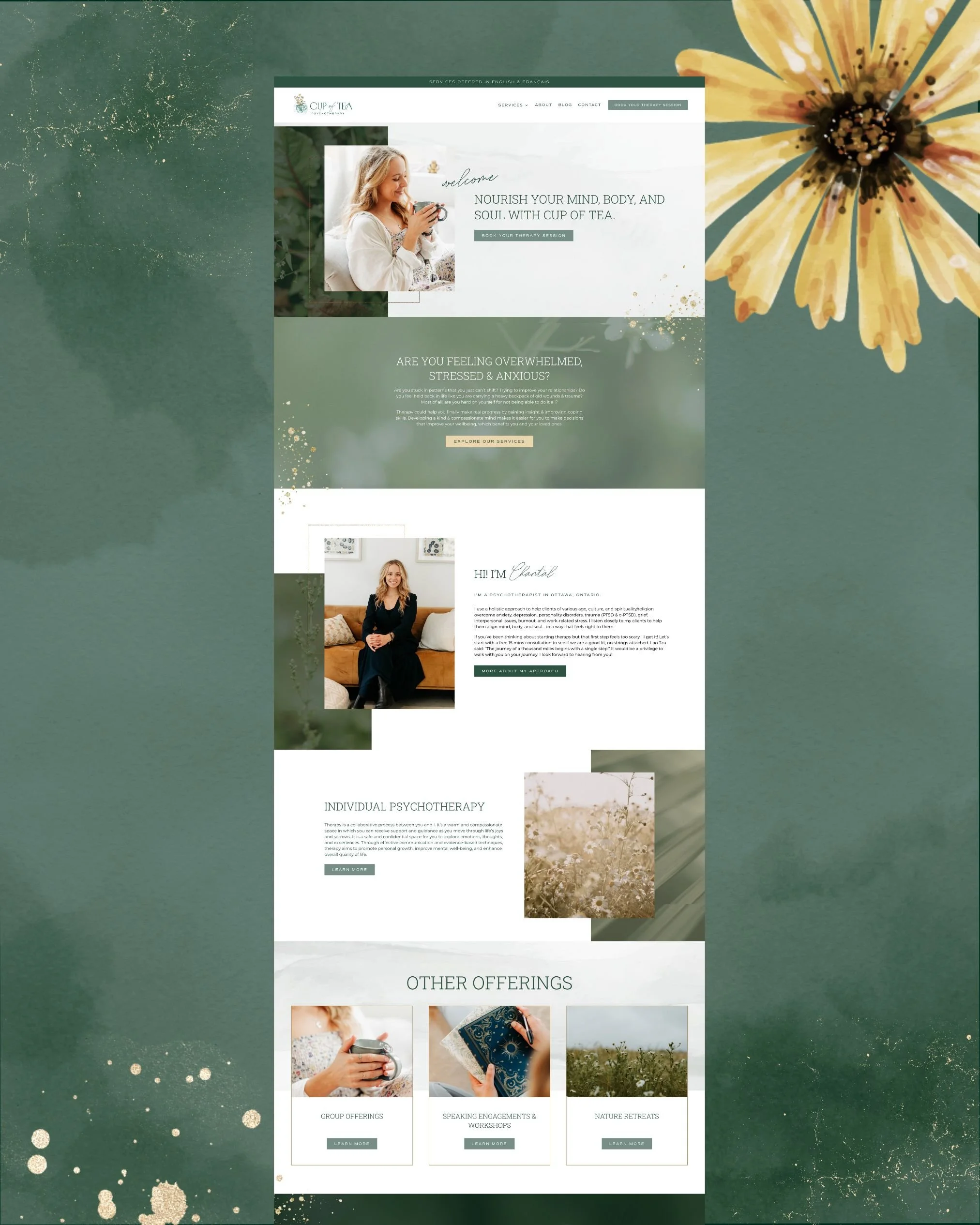 Screenshot of a wellness website for therapy services, featuring images of a woman and nature, with sections about therapy options and offerings.