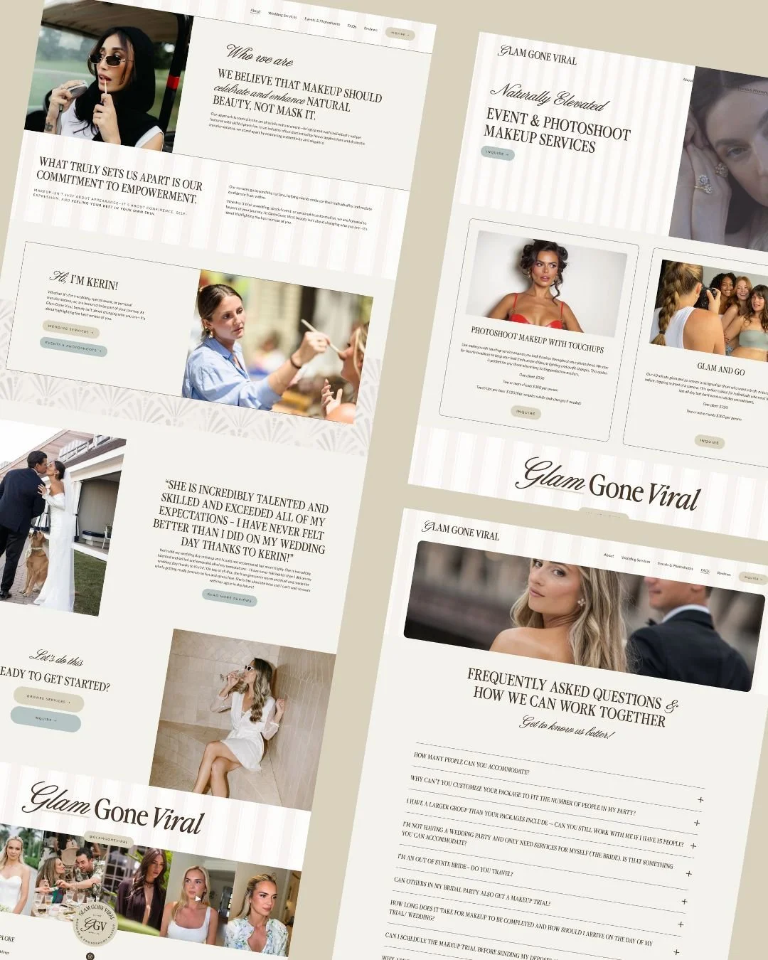 Screenshots of a makeup service website featuring images of women, makeup services, and contact information.