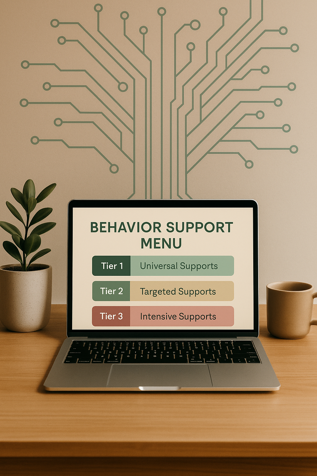 A laptop on a wooden desk displaying a 'Behavior Support Menu' with three tiers: Tier 1 - Universal Supports, Tier 2 - Targeted Supports, Tier 3 - Intensive Supports. There are two potted plants and a cup on the desk, and a wall with a circuit board design in the background.