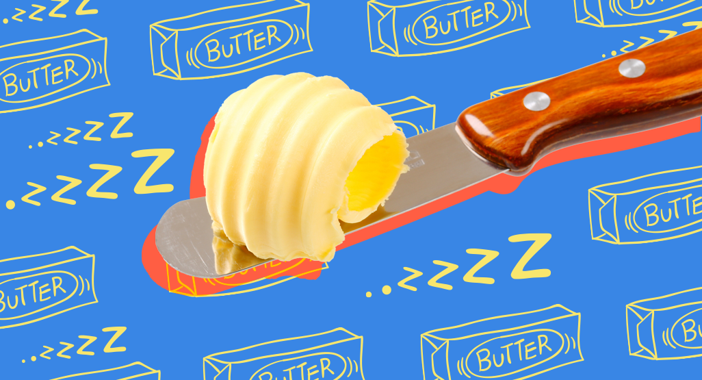 A half stick of butter with a knife on a blue background decorated with yellow illustrations of butter packages and sleep symbols.