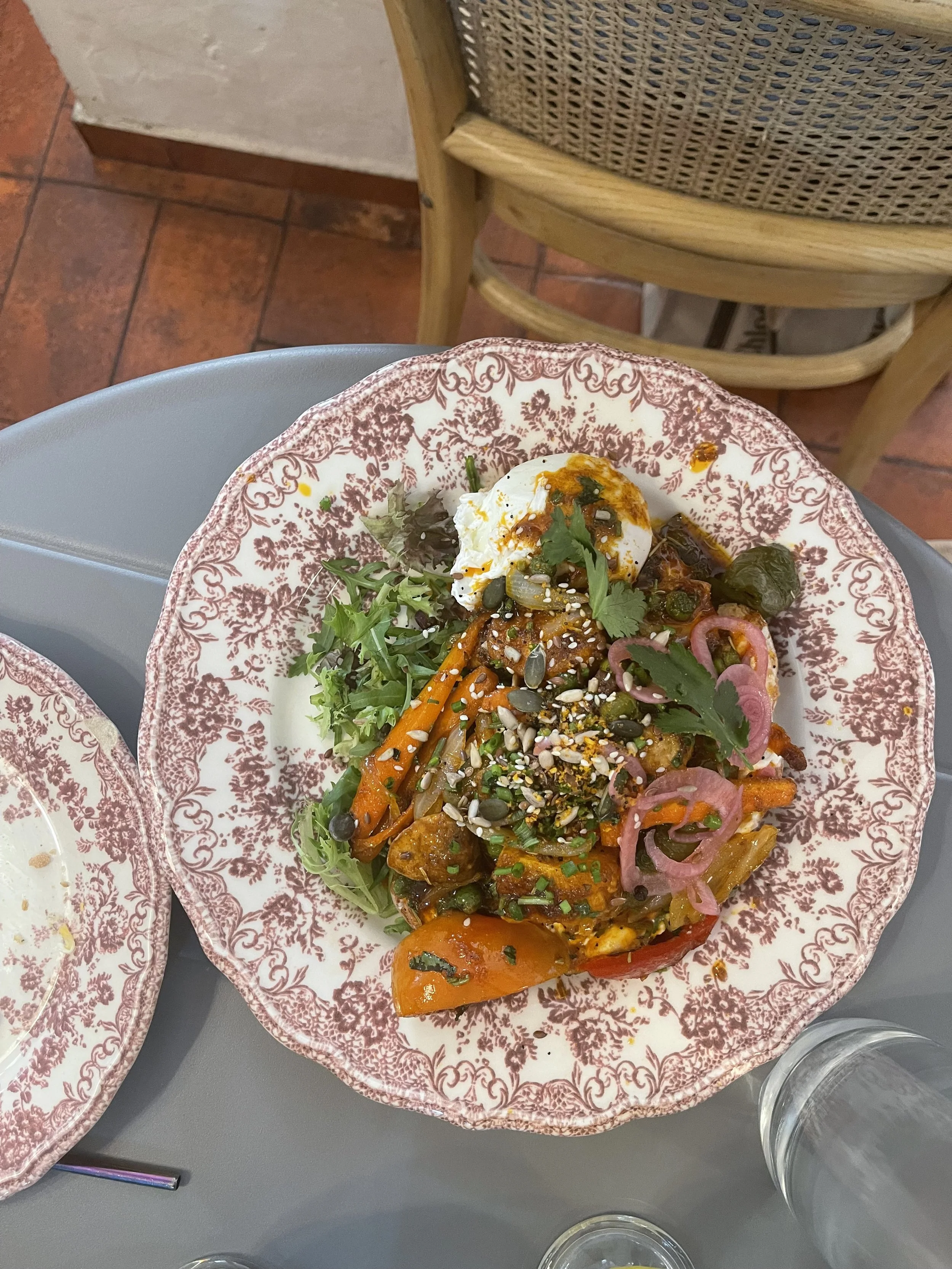 Roasted Carrot &amp; Poached Egg Bowl With pickled onion, seeds, and chili oil