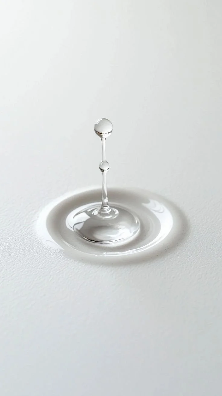 Close-up of a single water droplet mid-splash on a white surface.