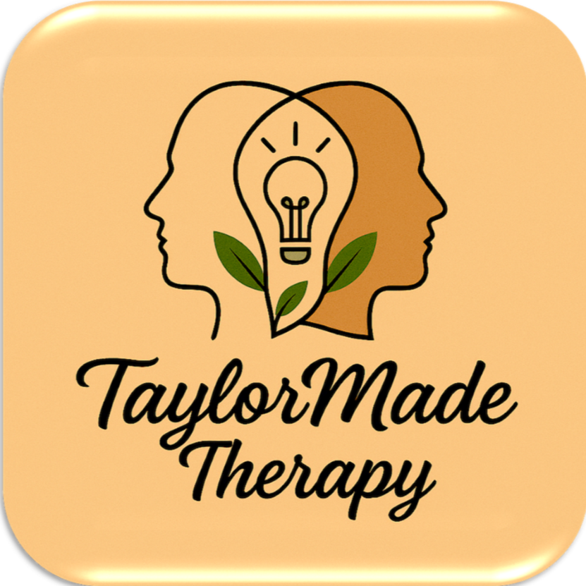 A logo for TaylorMade Therapy featuring two overlapping outline heads, a light bulb with leaves inside, and cursive text.