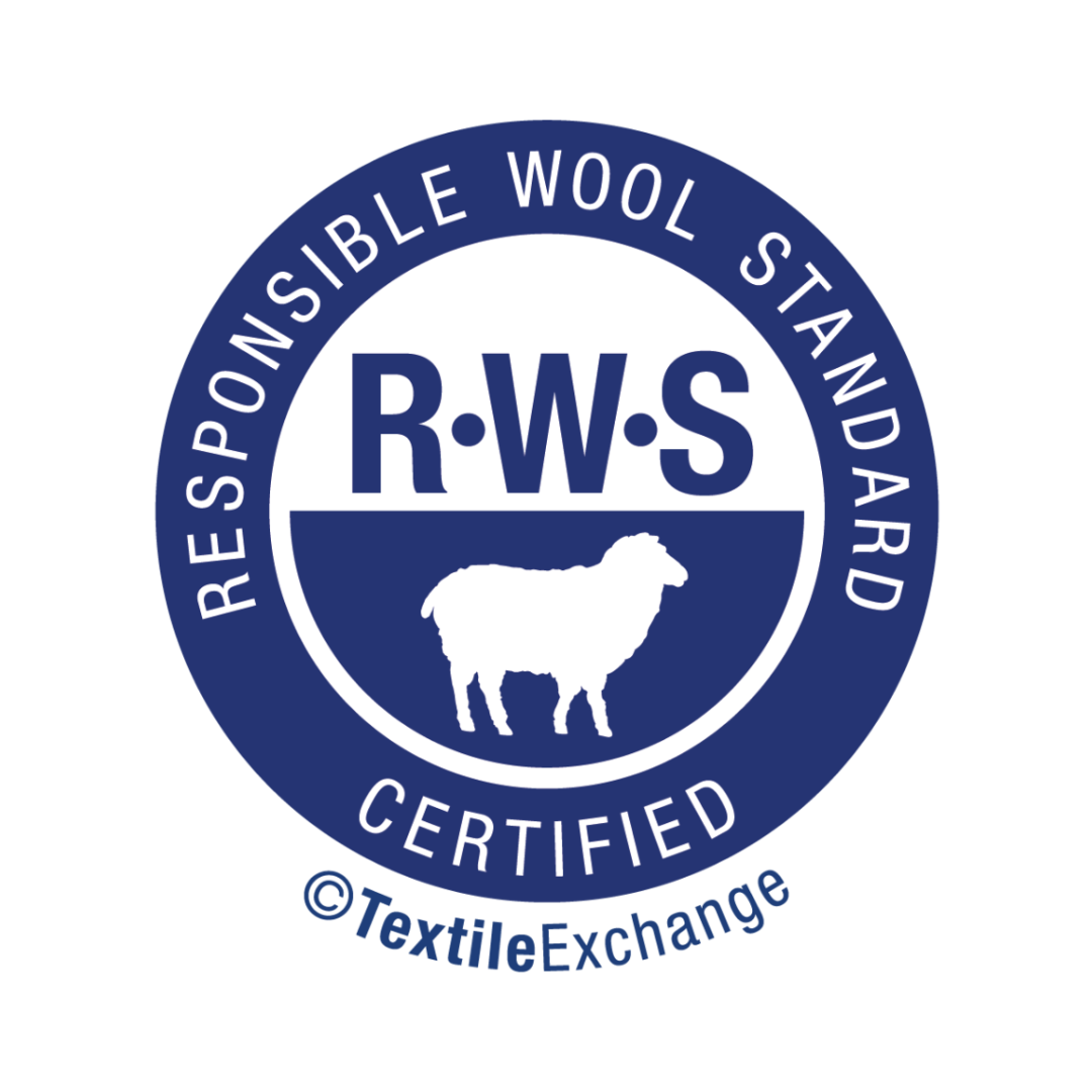 Responsible Wool Standard (RWS) certification logo featuring a sheep silhouette and the Textile Exchange mark.