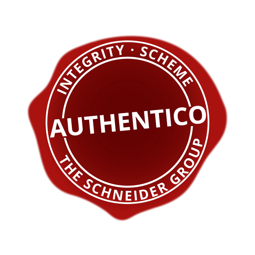 Red wax seal with the words 'Authentico, Integrity Scheme, The Schneider Group' in black lettering.