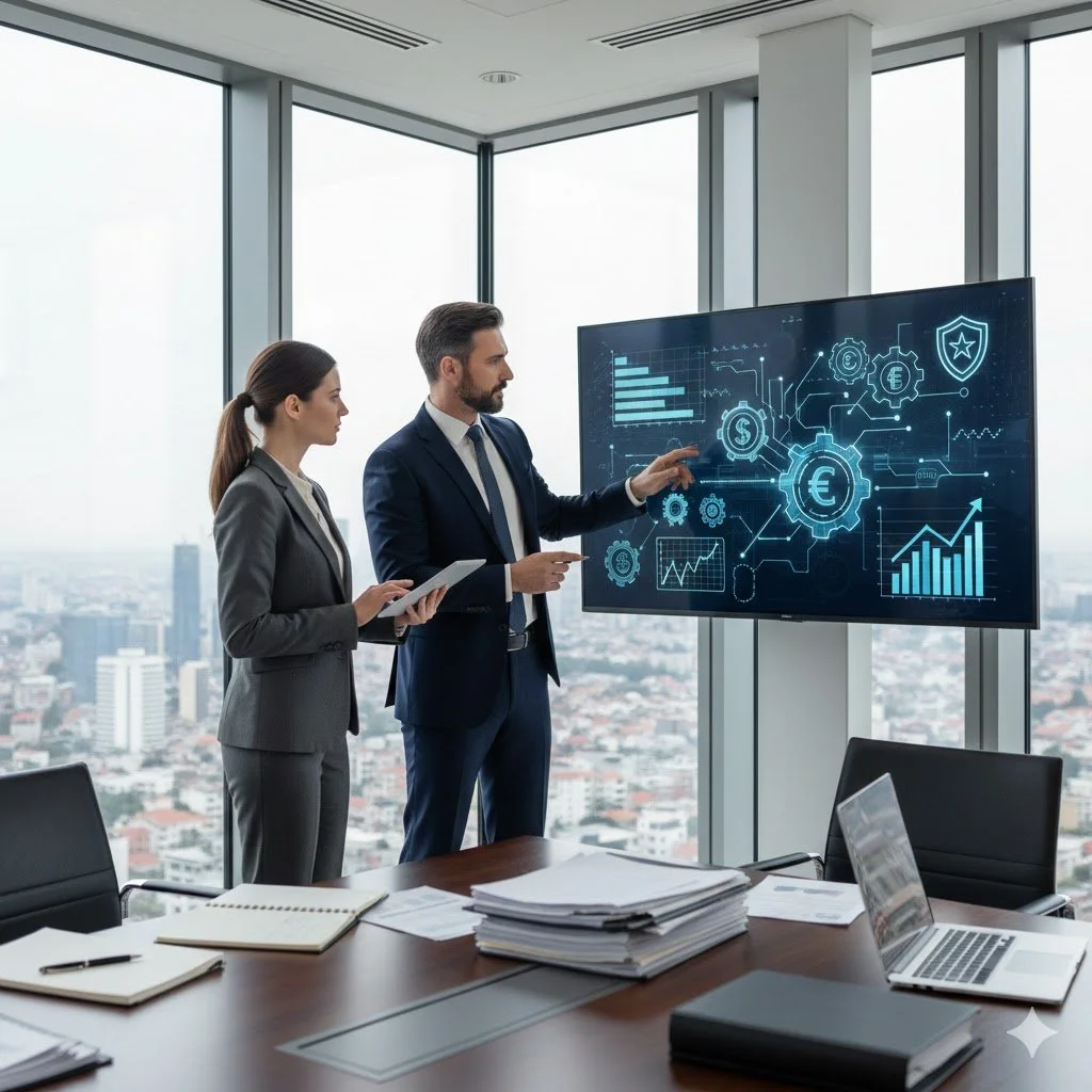 Dos personas en traje de negocios analizando estrategias de asesoría fiscal en una pantalla digital en una oficina moderna con vista a la ciudad.