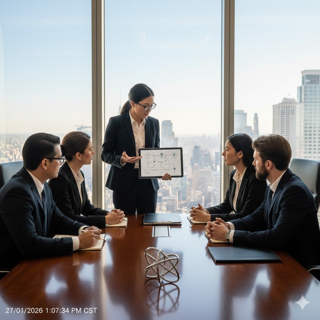 Mujer en traje presentando un gráfico en una sala de reuniones con vista a la ciudad.