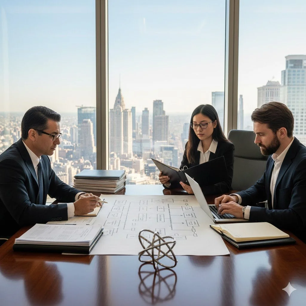 Tres personas de negocios en una sala de juntas con vista a la ciudad, discutiendo documentos y utilizando laptops.
