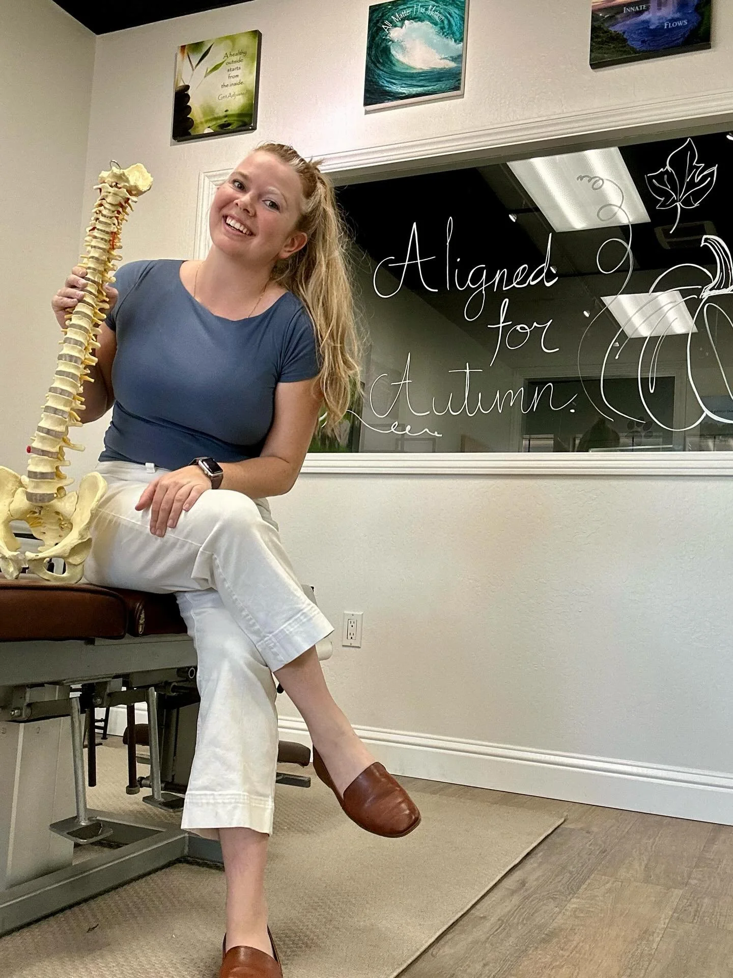 Aligned for Autumn and ready for all the cozy vibes! 🍂💀🍁 Even our skeleton is getting a little adjustment this season. Come get aligned and enjoy the fall fun at the office! #AlignedForAutumn #ChiropracticCare #FallDecor #SpinalHealth