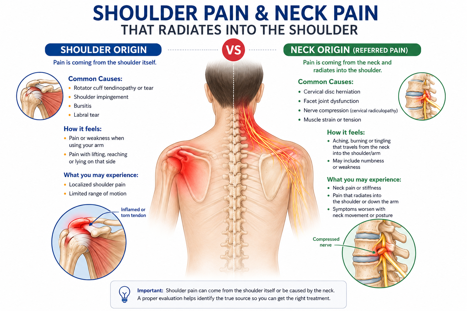 Chart comparing shoulder pain and neck pain with labeled causes, symptoms, and visual illustrations of shoulder and spine issues.