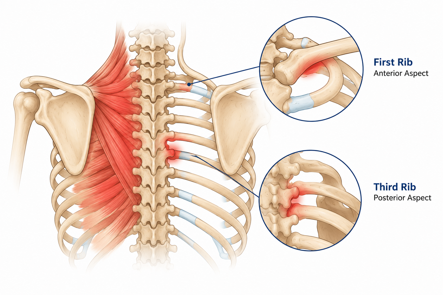 An anatomical illustration showing the human thoracic spine, ribs, and shoulder blades with detailed focus on the first and third ribs, highlighting areas of pain or injury in red.
