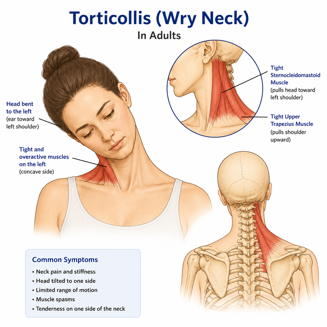 An infographic explaining torticollis (wry neck) in adults, showing a woman tilting her head to the left with muscle illustrations, including close-ups of the sternocleidomastoid and upper trapezius muscles, and listing common symptoms such as neck pain, head tilt, limited motion, muscle spasms, and tenderness.