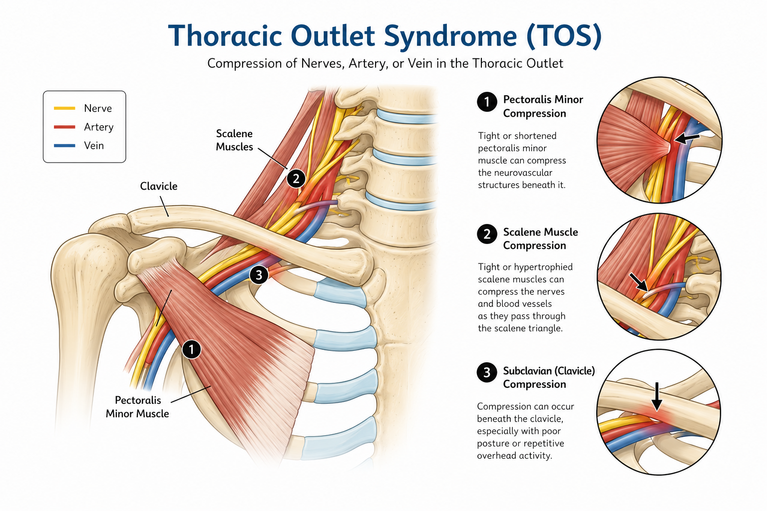 Diagram of thoracic outlet syndrome showing compression of nerves, arteries, and veins in the thoracic outlet. Highlights three types of compression: pectoralis minor, scalene muscles, and subclavian (clavicle). Includes labeled muscles, bones, and blood vessels.