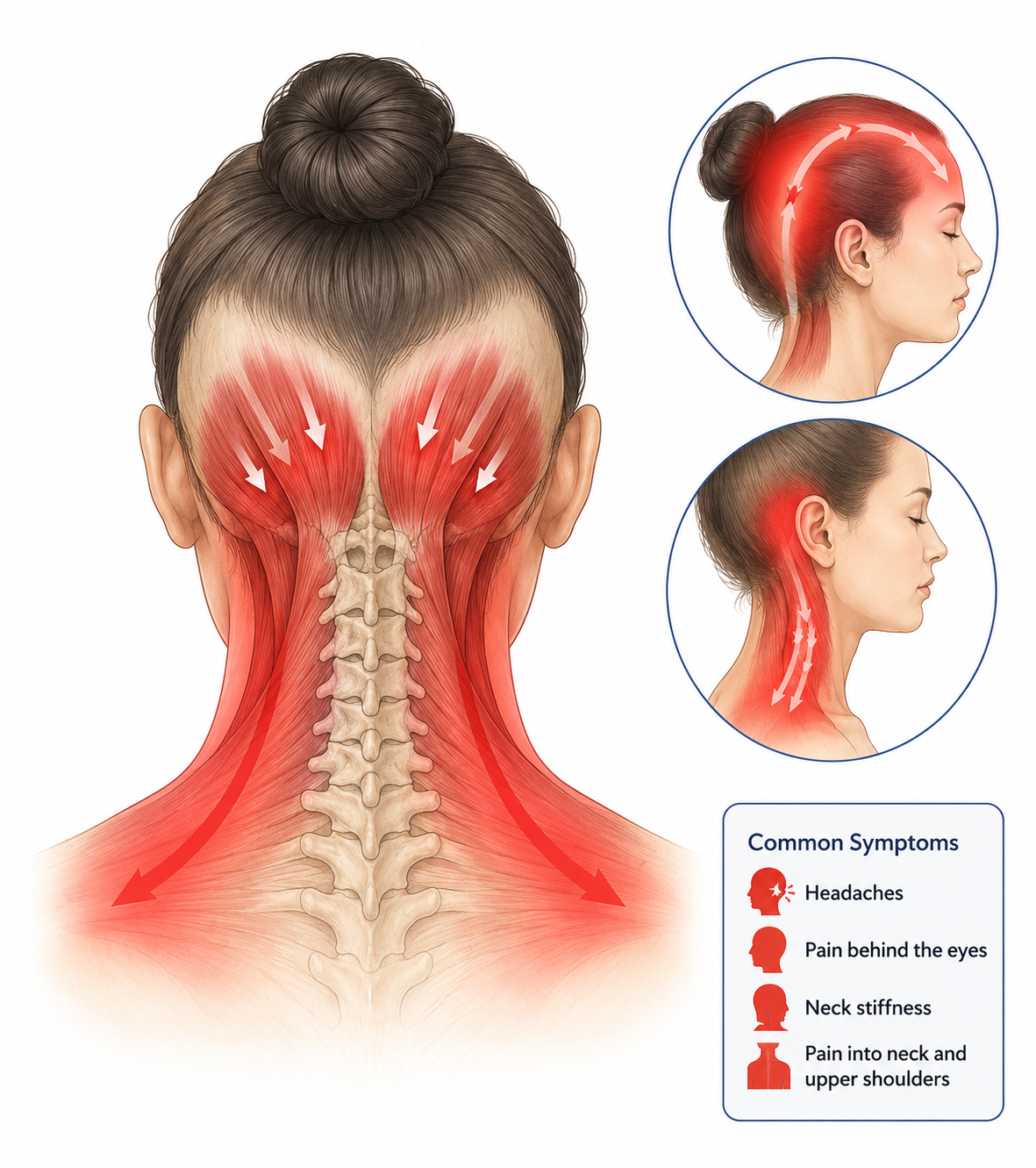 Diagram of a woman's head and upper back showing muscle and skeletal structures with highlighted areas indicating pain, including headaches, pain behind the eyes, neck stiffness, and pain into the neck and upper shoulders.