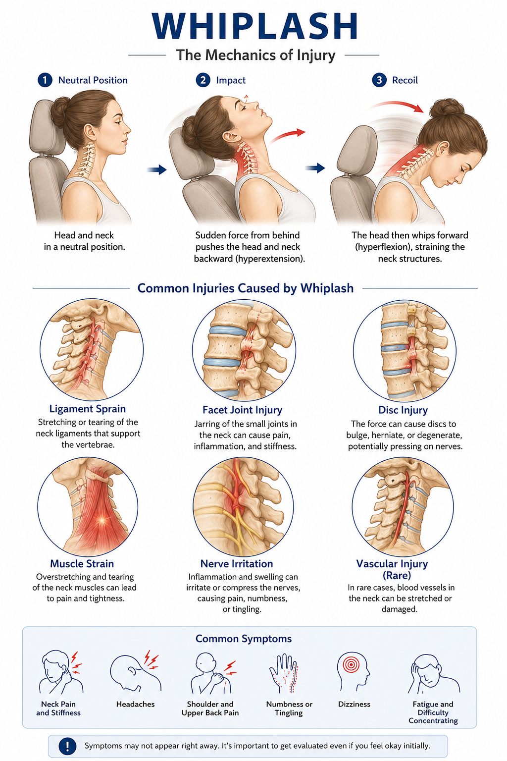 An infographic titled "Whiplash: The Mechanics of Injury" detailing three stages: 1) Neutral Position with a side view of a woman with her head and neck in neutral; 2) Impact showing a sudden force pushing the head and neck backward causing hyperextension; 3) Recoil illustrating the head whipping forward causing hyperflexion, straining neck structures. The infographic also lists common injuries caused by whiplash including ligament sprain, facet joint injury, disc injury, muscle strain, nerve irritation, and vascular injury, with brief descriptions and illustrations, along with common symptoms like neck pain, headaches, shoulder pain, numbness, dizziness, and fatigue. It emphasizes seeking evaluation even if symptoms are not immediate.