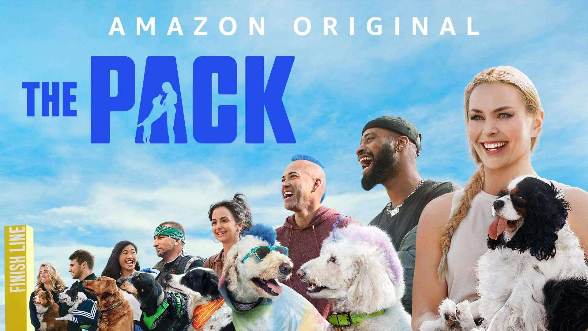 Promo image for "The Pack" Amazon Original, featuring a group of people with dogs against a blue sky background. 