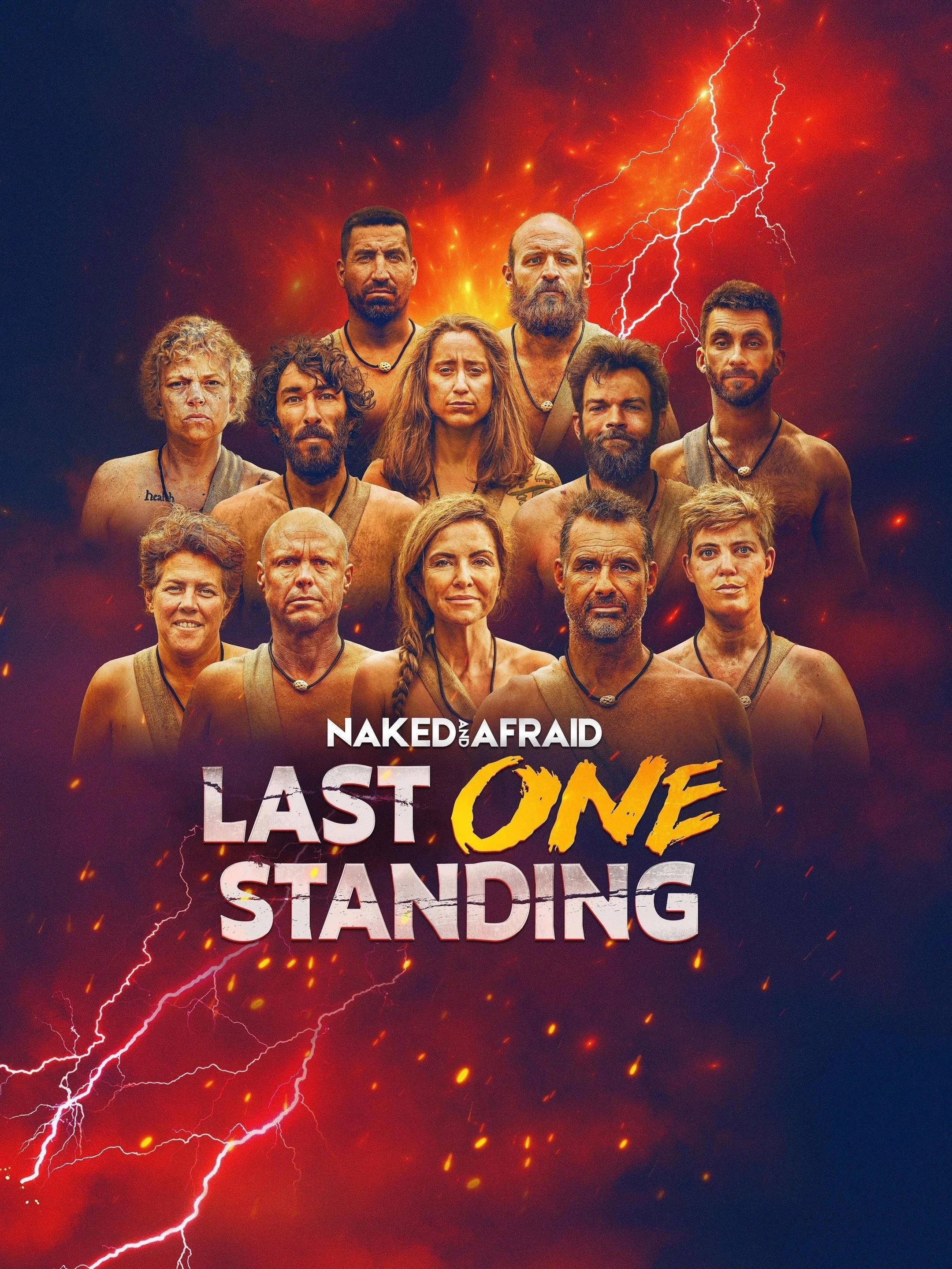 Group of people against a fiery background with lightning; text reads "Naked and Afraid: Last One Standing."