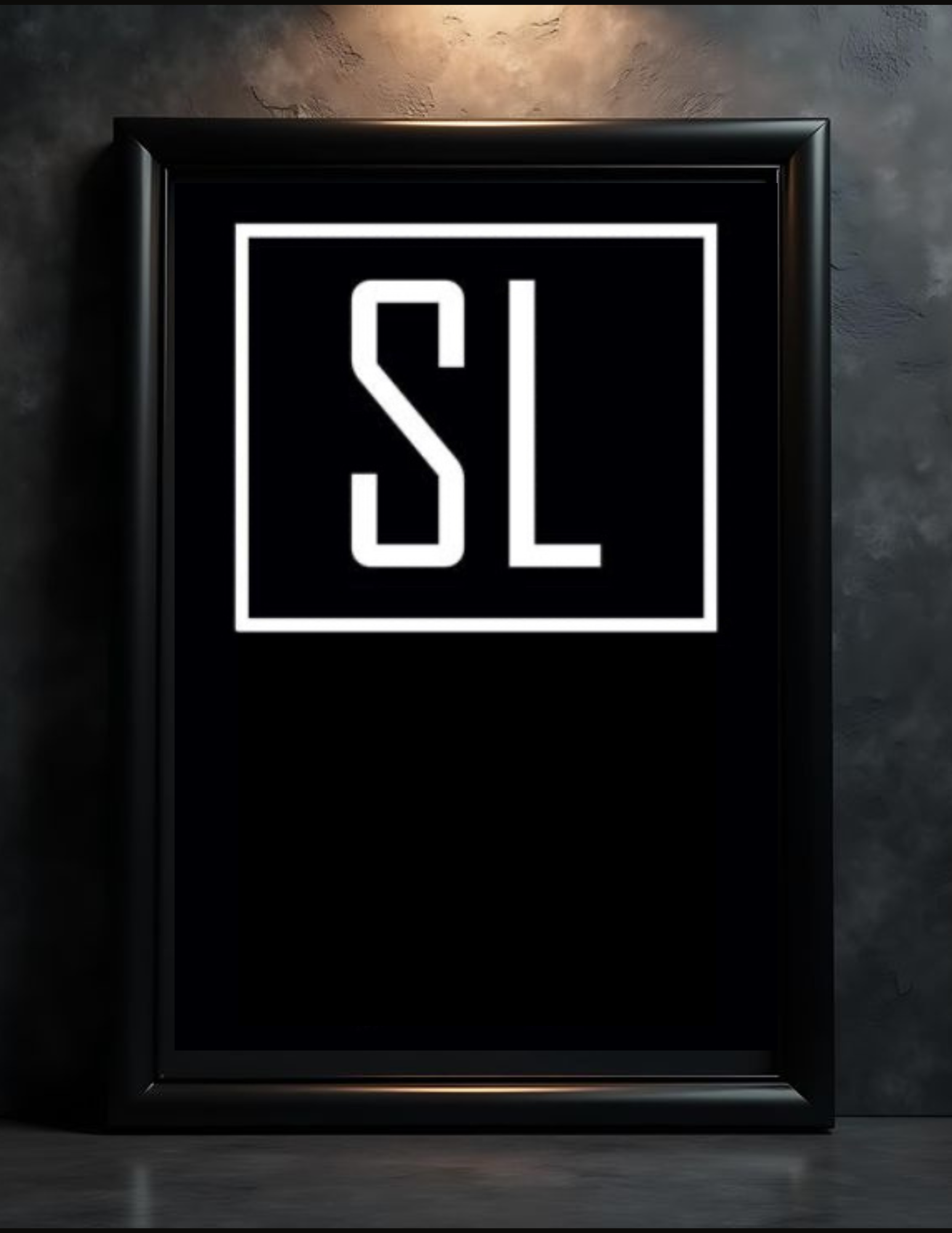 A black framed sign with white letters displaying "SL" in a minimalist style.