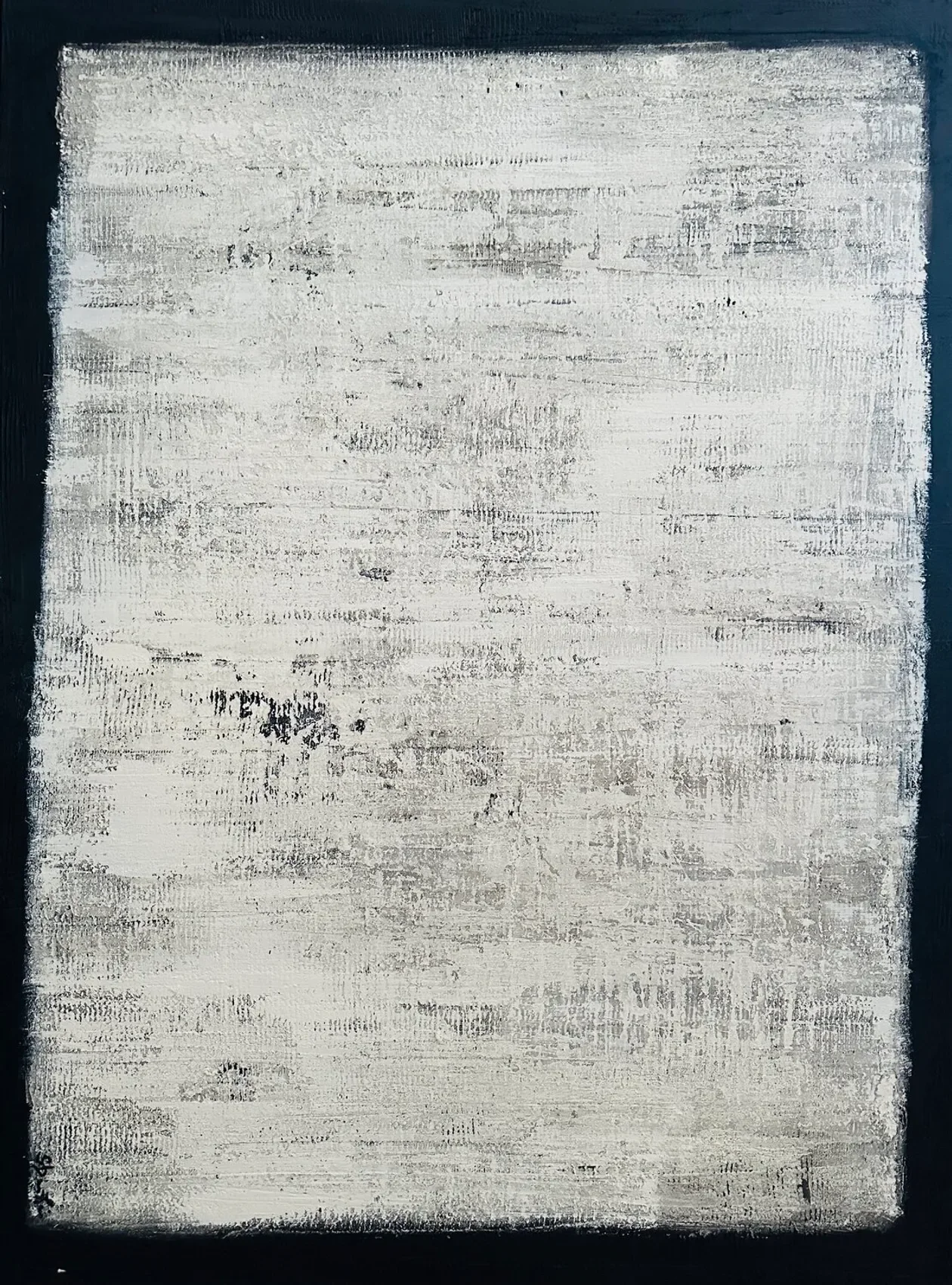 Abstract modern painting with textured white horizontal streaks on a dark background.
