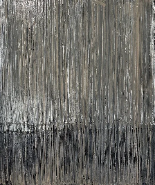 Abstract artwork with vertical streaks in shades of black, gray, and beige.