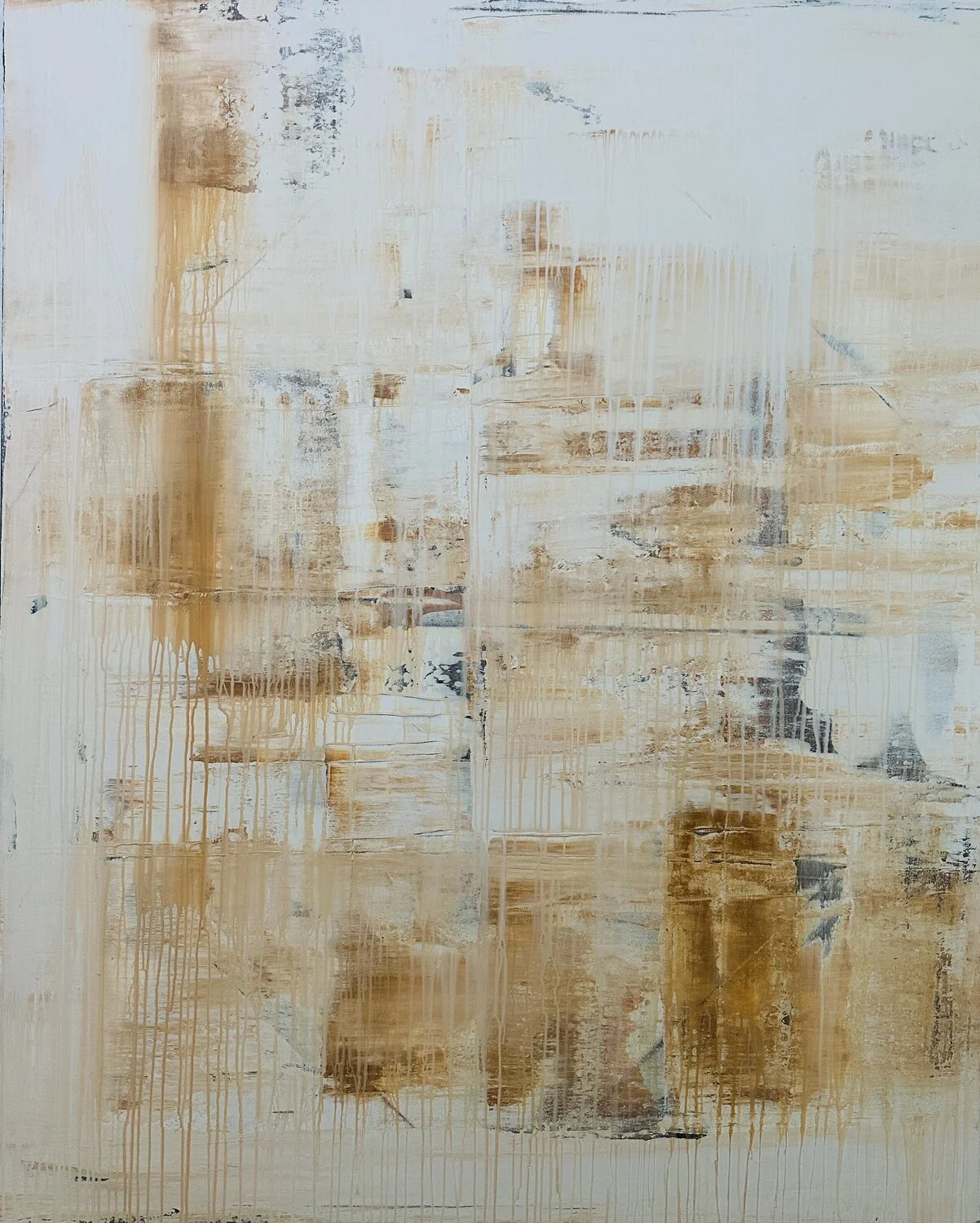 Abstract painting with beige, cream, brown, and gray tones, featuring horizontal and vertical streaks and patches with a textured appearance.