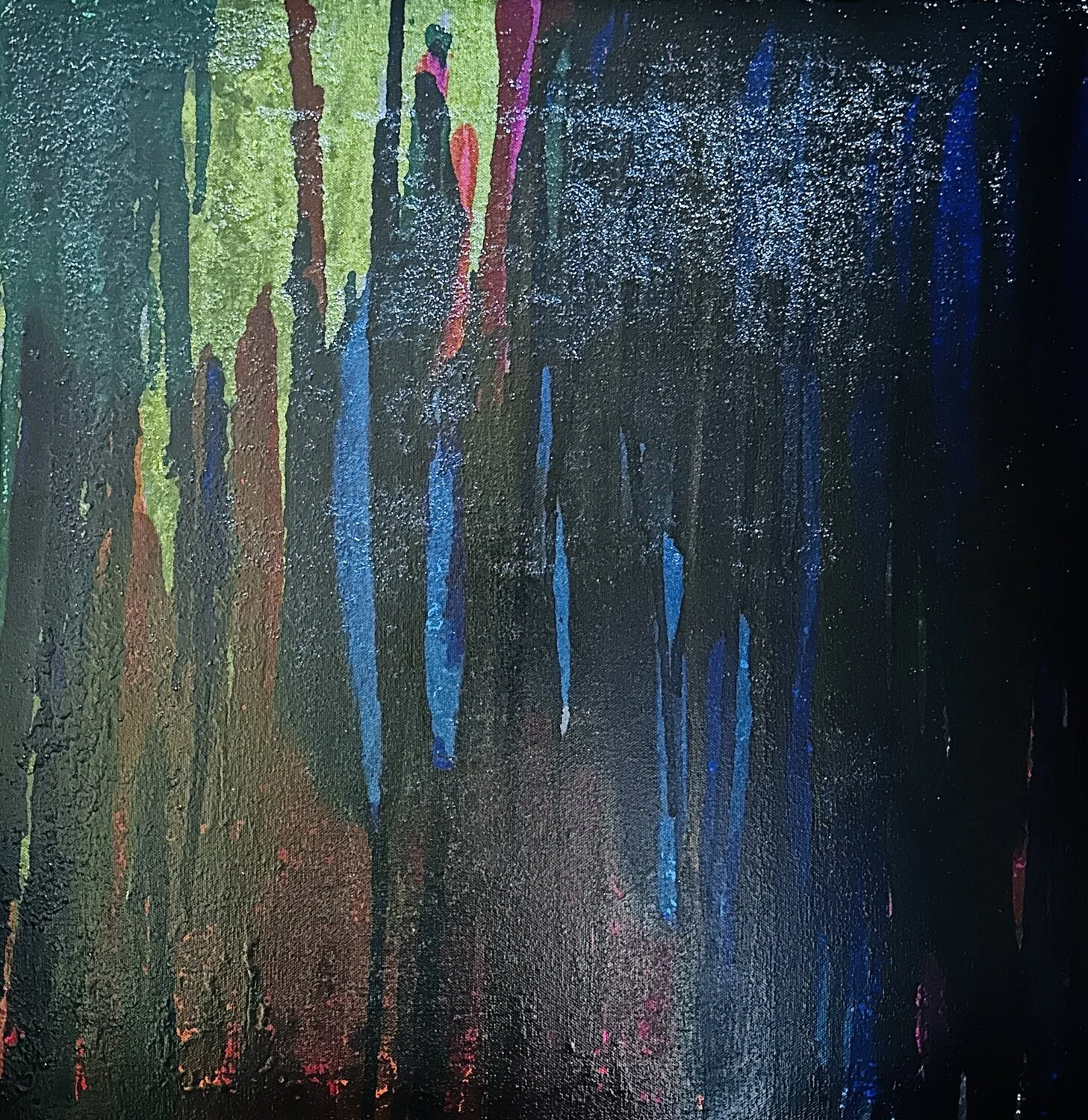 Abstract painting with vertical streaks of bright colors including green, pink, blue, and red on a dark background.