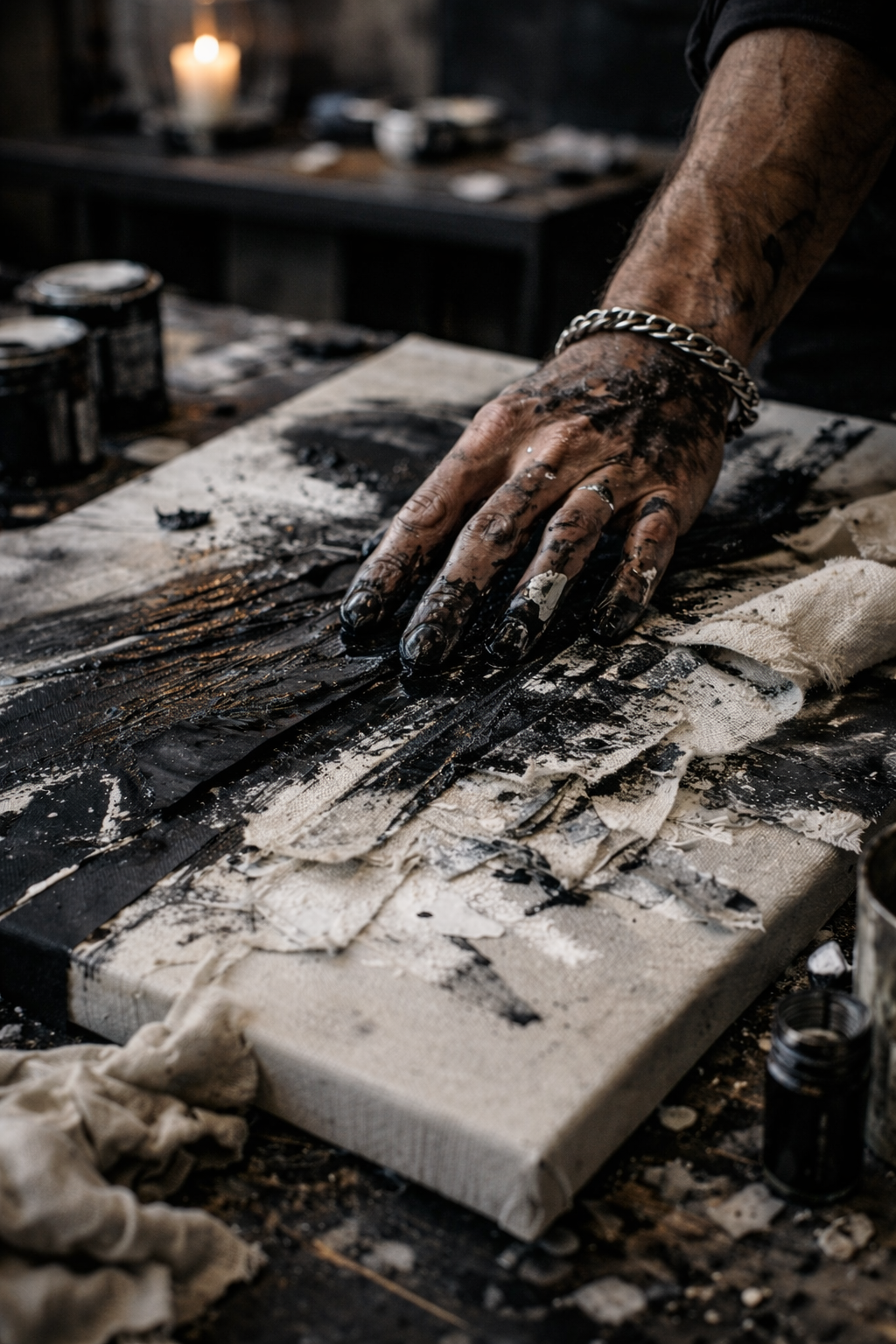 A person's hand covered in black ink or paint presses down on a canvas or paper, surrounded by art supplies and splatters, indicating an abstract or mixed media art creation process.