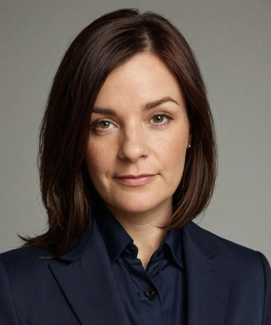 Portrait of a woman with shoulder-length brown hair wearing a dark blue suit jacket and shirt against a plain background.