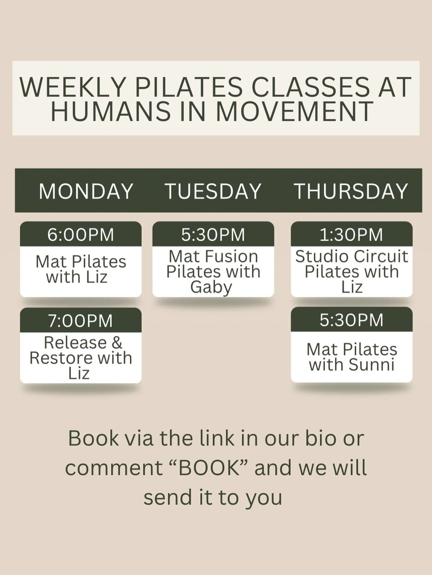 Pilates Group Classes are now available to book online 😍

We currently have 6 classes to choice from throughout the week 

You can choose from 
Monday Mat Pilates at 6pm &amp; Release &amp; Restore at 7pm with studio owner @lizleespilates why not do