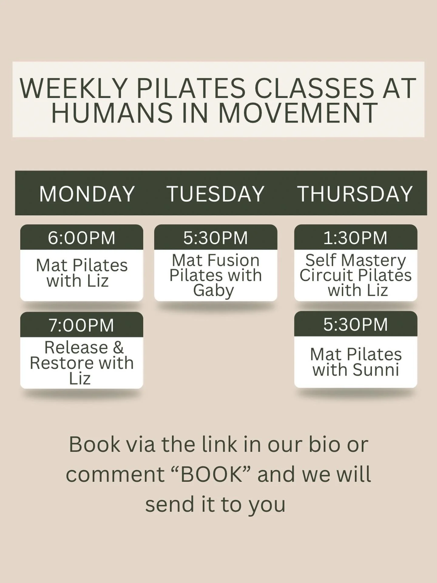 We have a wonderful range of classes available in our Wollongong Studio 

Everything from Mat Pilates to Release &amp; Restore 

And even an incredible class for Pilates Teachers to continue their self mastery 😍

You can book via the link or our bio