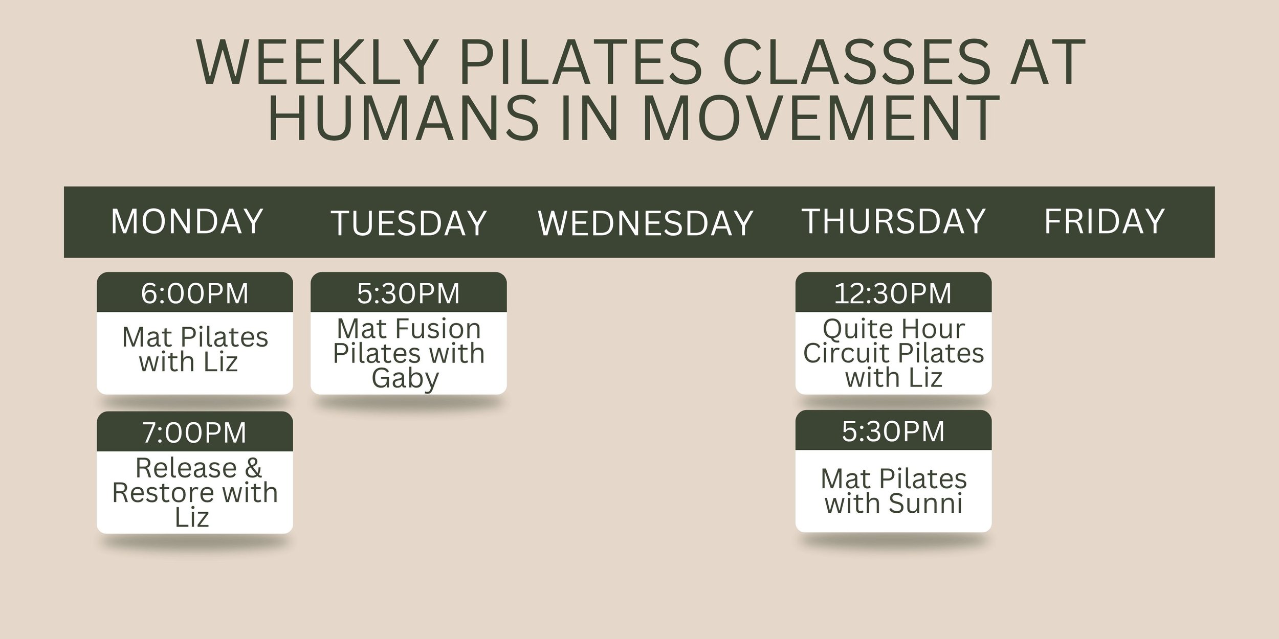 Weekly Pilates class schedule at Humans in Movement from Monday to Friday, listing times and instructors for each day.