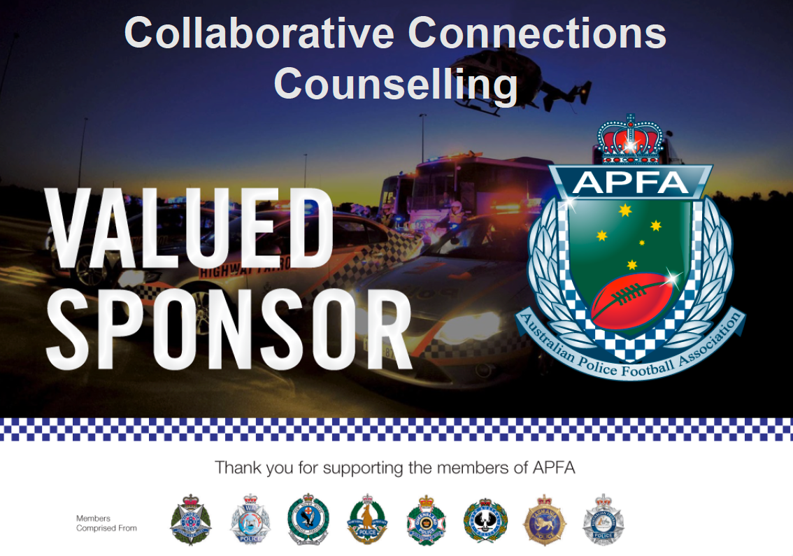 A promotional banner for the Australian Police Football Association (APFA) featuring police cars, a helicopter, and the APFA badge. The text reads "Collaborative Connections Counseling" and "VALUED SPONSOR." The background shows a police scene at dusk, with a sunset in the sky.