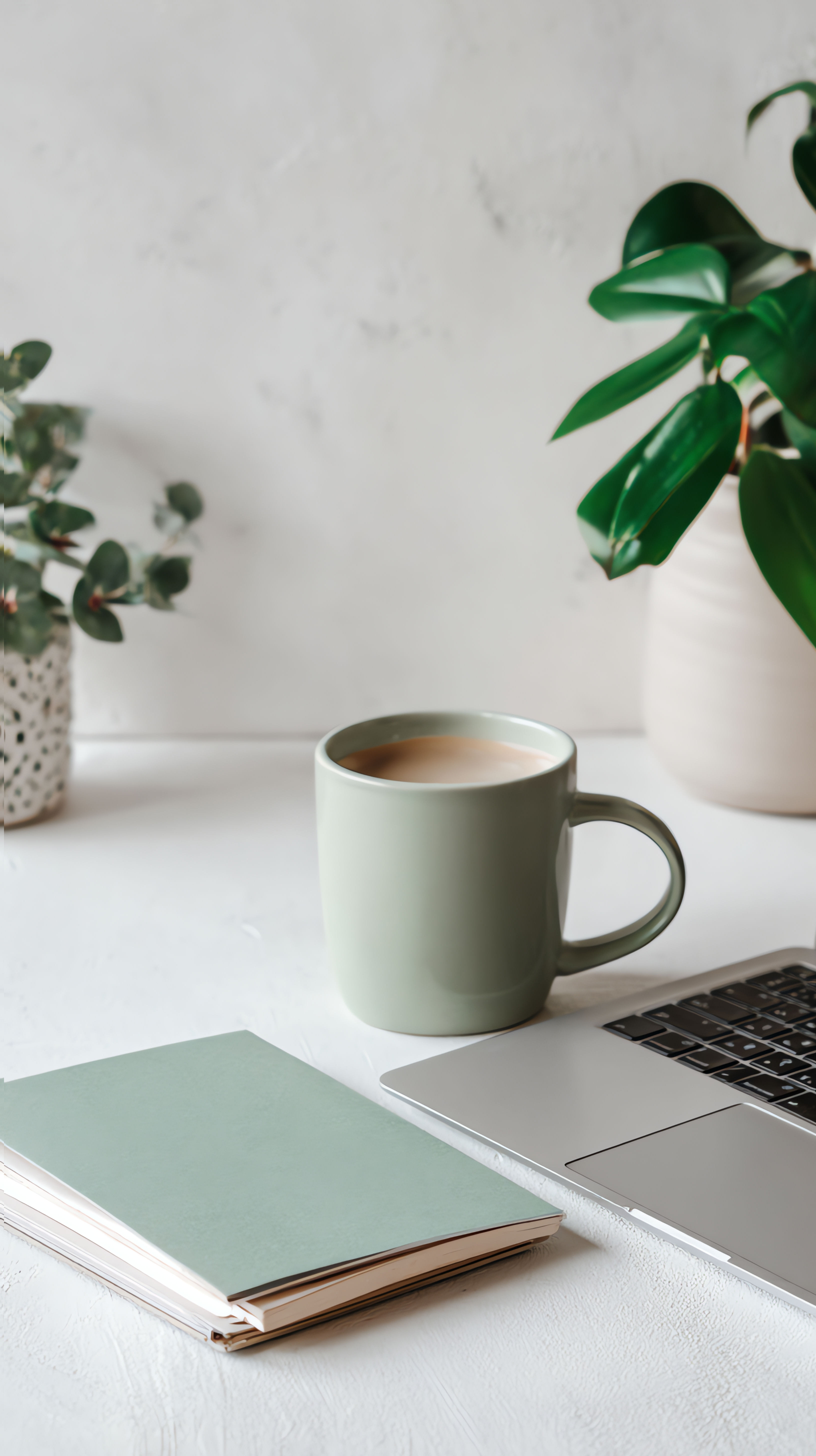 A workspace with a silver laptop, a green notebook, a mug of coffee, and two potted plants on a white surface.