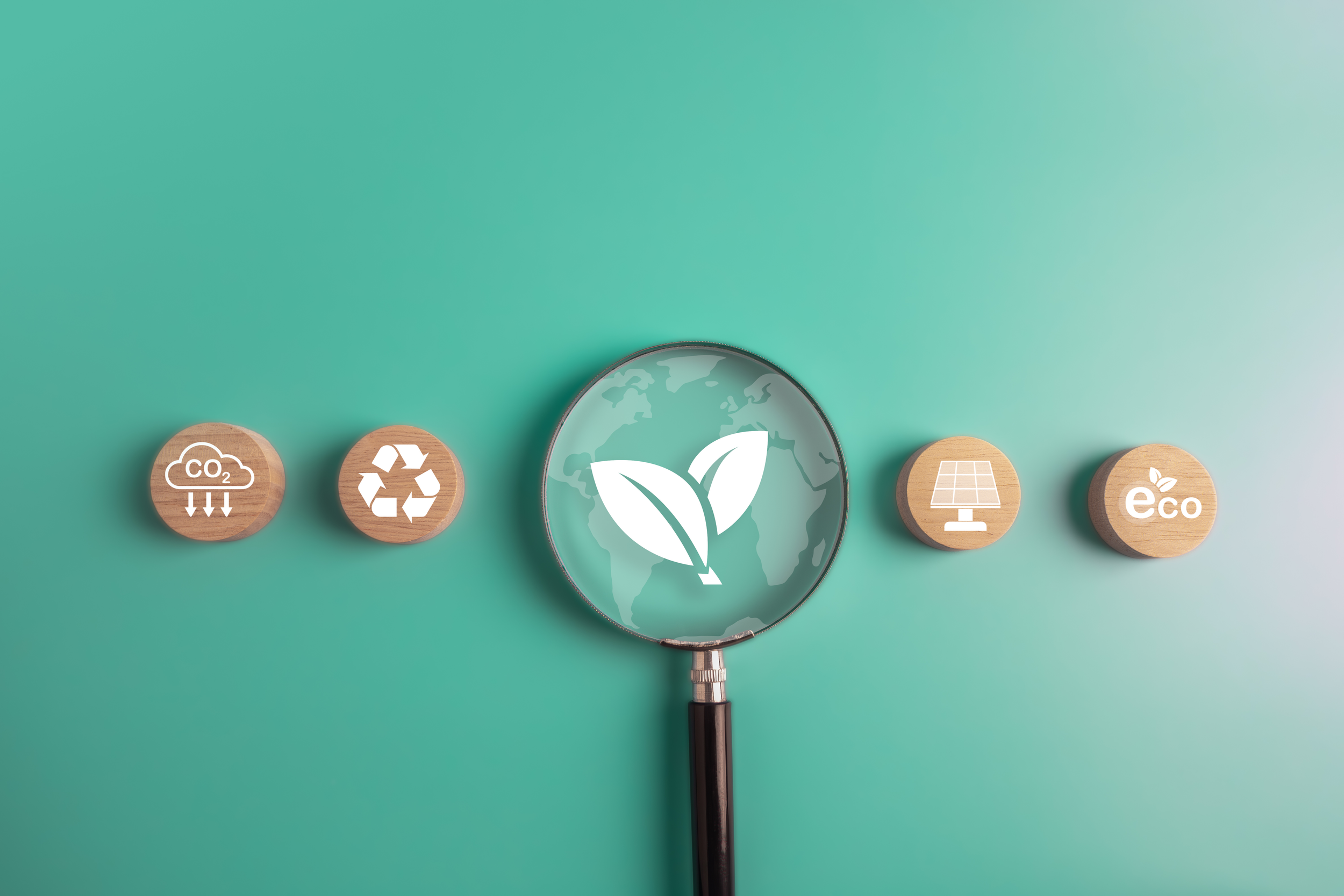 A magnifying glass with a leaf icon on a world map background, surrounded by wooden tokens with eco-related symbols including CO2 reduction, recycling, solar power, and eco-friendly.