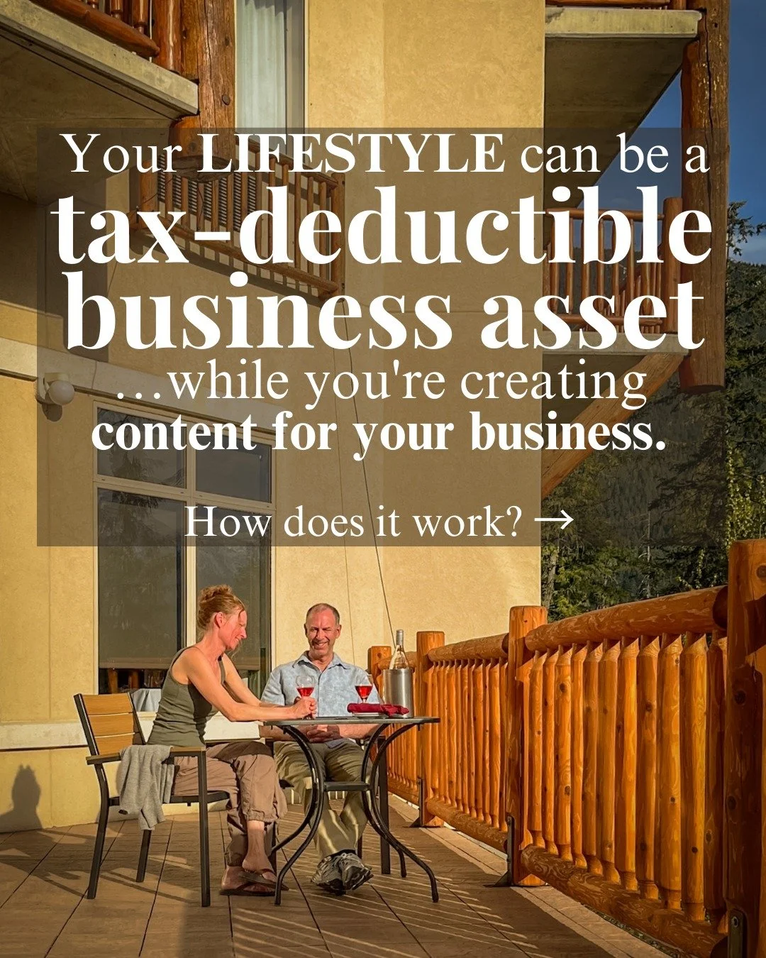 You&rsquo;re already creating content for your business.

But did you know&hellip; that content could make your LIFESTYLE TAX-DEDUCTIBLE?

Most entrepreneurs separate &ldquo;real life&rdquo; from &ldquo;marketing.&rdquo; 🤷&zwj;♀️

So they pay full p