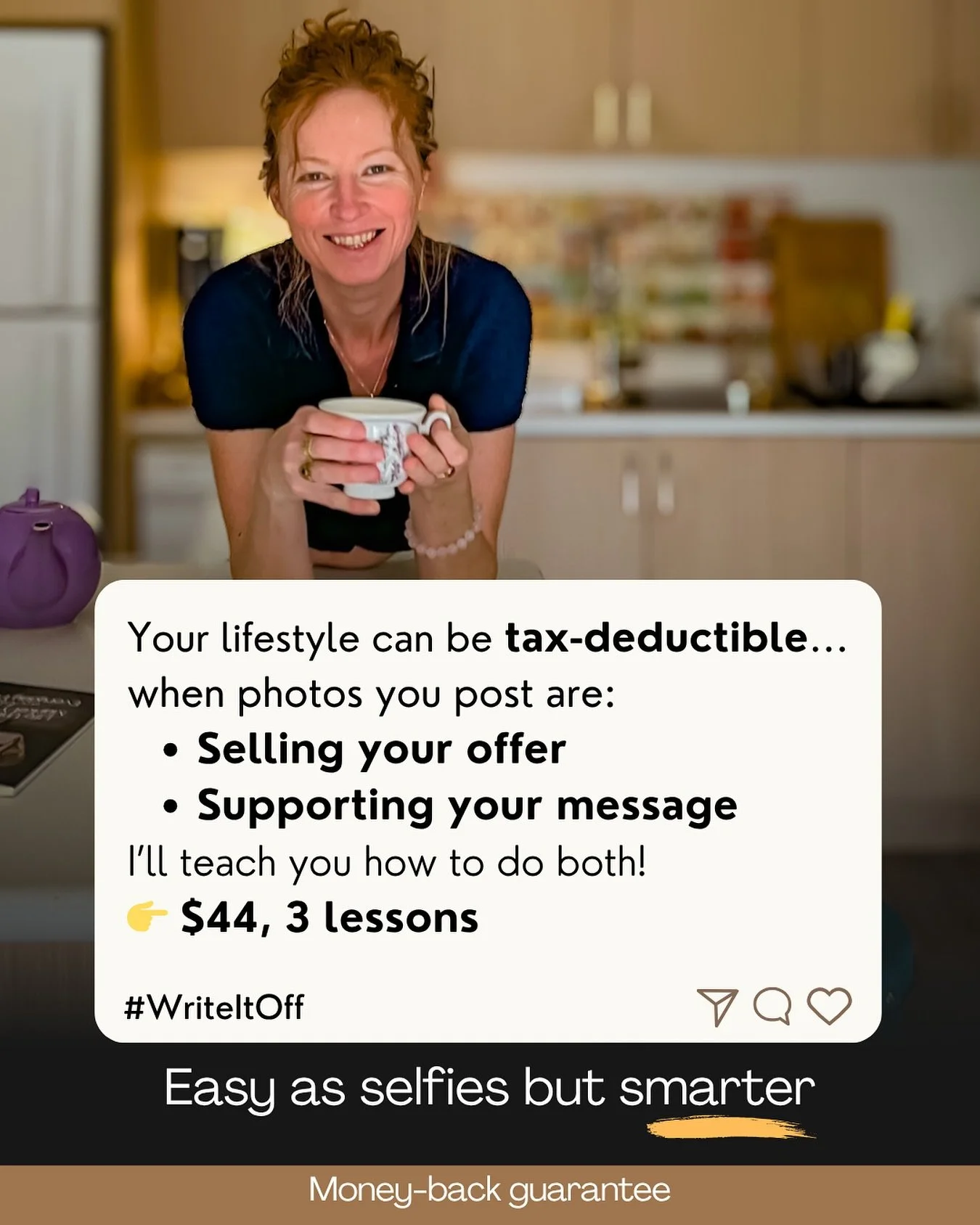 👉 If you treat social media like a hobby &rarr; keep scrolling.
👉 If you want your content to SELL your offers and qualify as a legit WRITE-OFF (SM content = marketing = business expense)
&rarr; $44 &middot; 3 lessons &middot; permanent payoff

✅ E