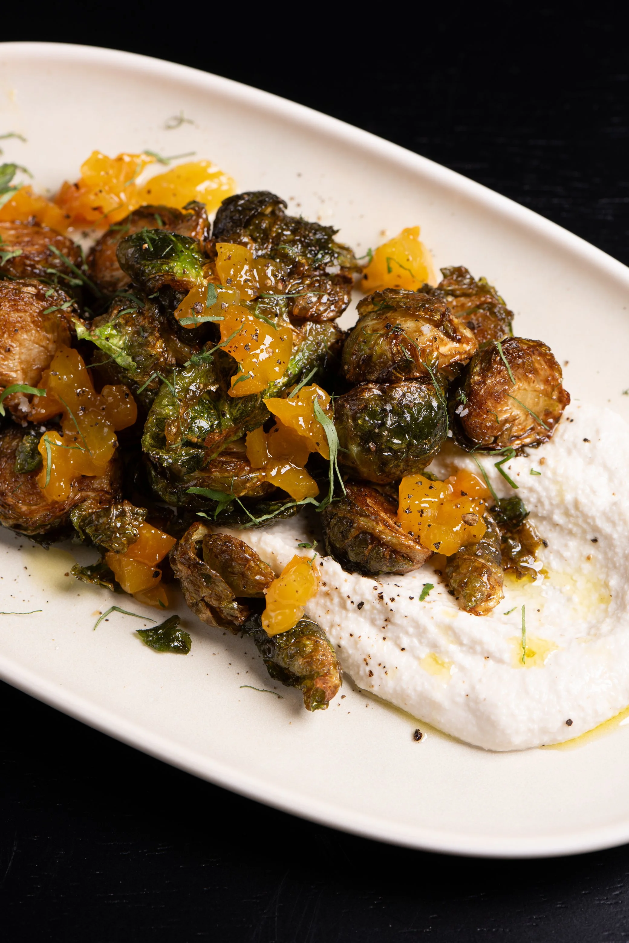 Crispy Brussels Sprouts, ajo blanco puree and sherry gastrique glaze