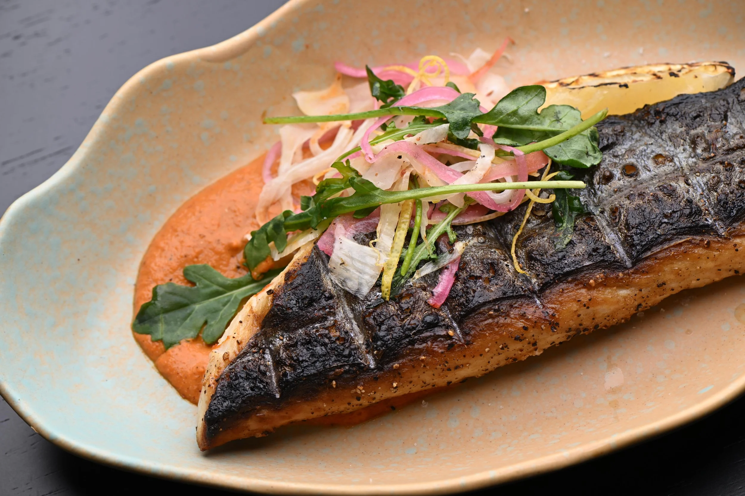 Mackel, Romesco & Fennel, kombu- cured Spanish mackel with nutty romesco sauce and pickled fennel salad