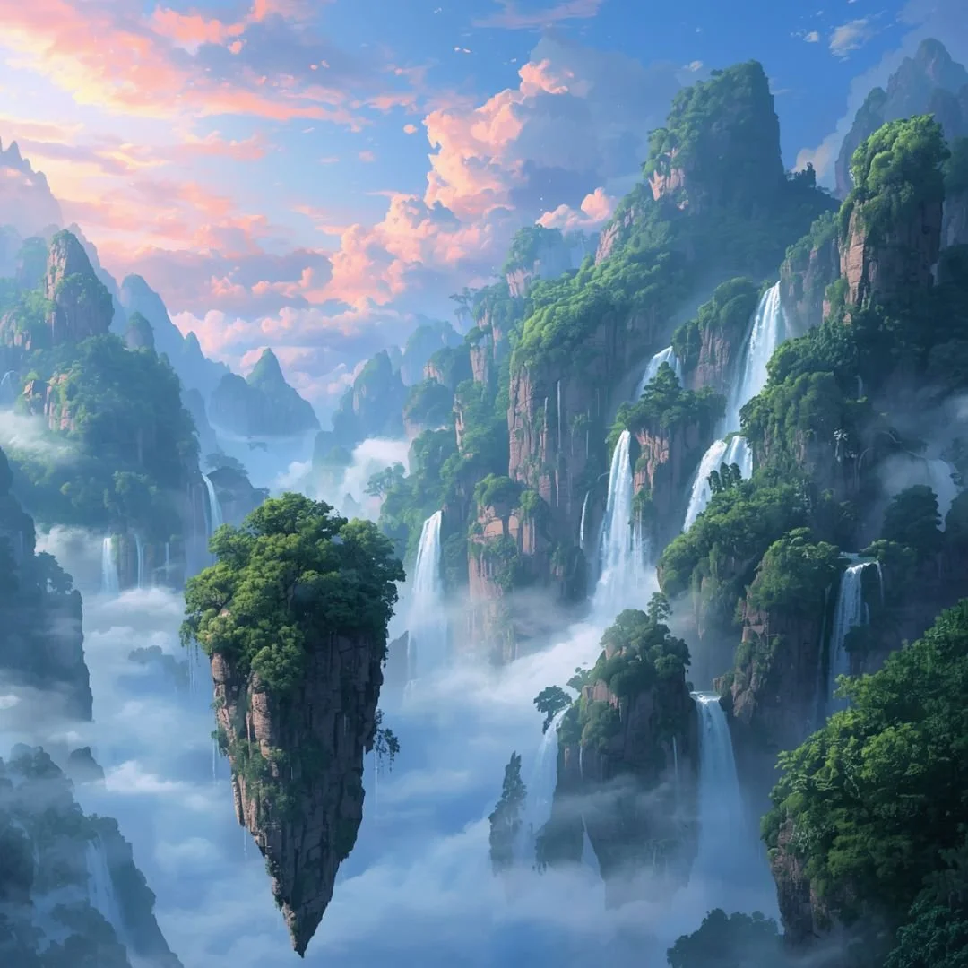 Floating mountains with lush green forests and dramatic waterfalls cascading through clouds — evoking the awe-inspiring visual landscapes reported during a psychedelic journey.