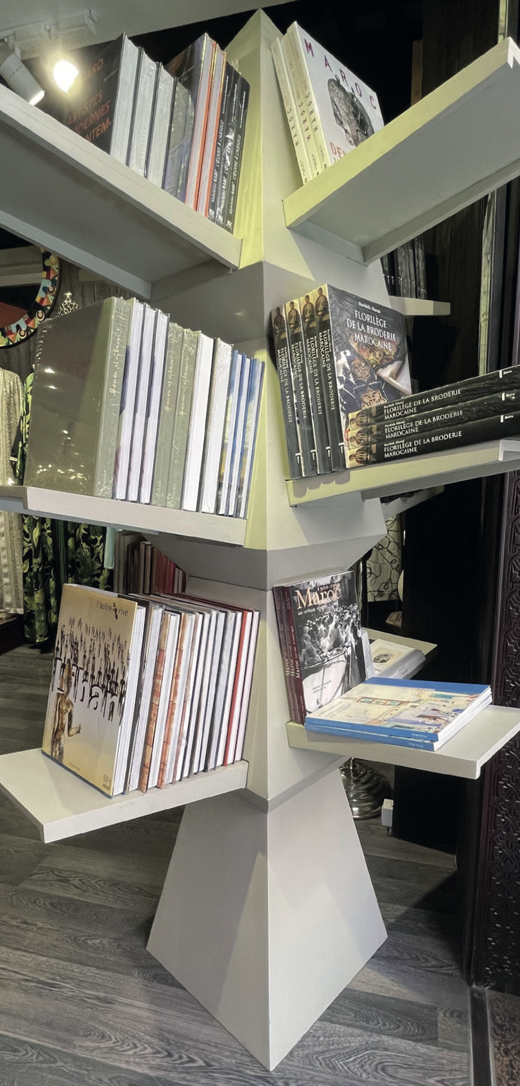 Un présentoir en forme d'arbre contenant plusieurs livres disposés sur des étagères dans une boutique.