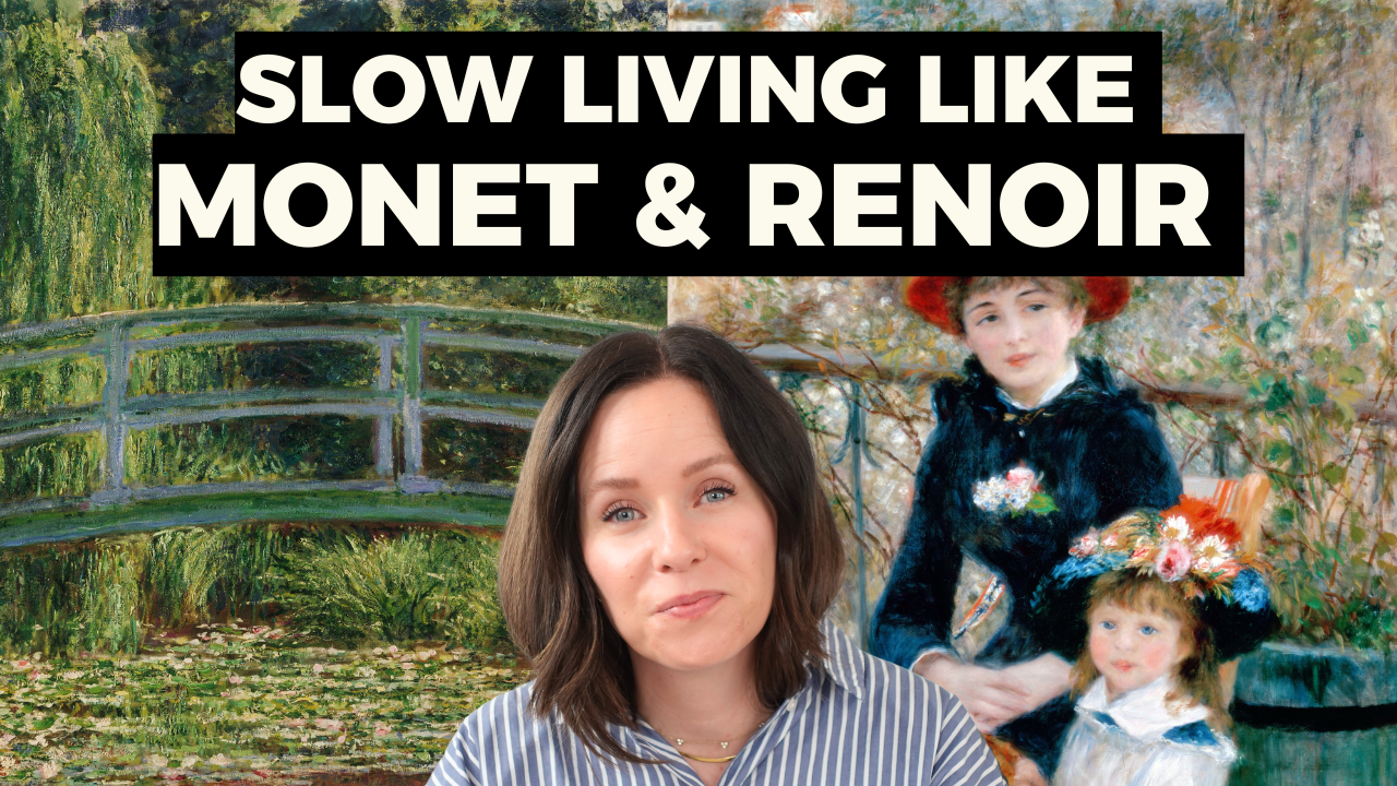 Carolin Ngo in front of paintings of Claude Monet and Pierre-Auguste Renoir with the text: "Slow Living like Monet & Renoir"