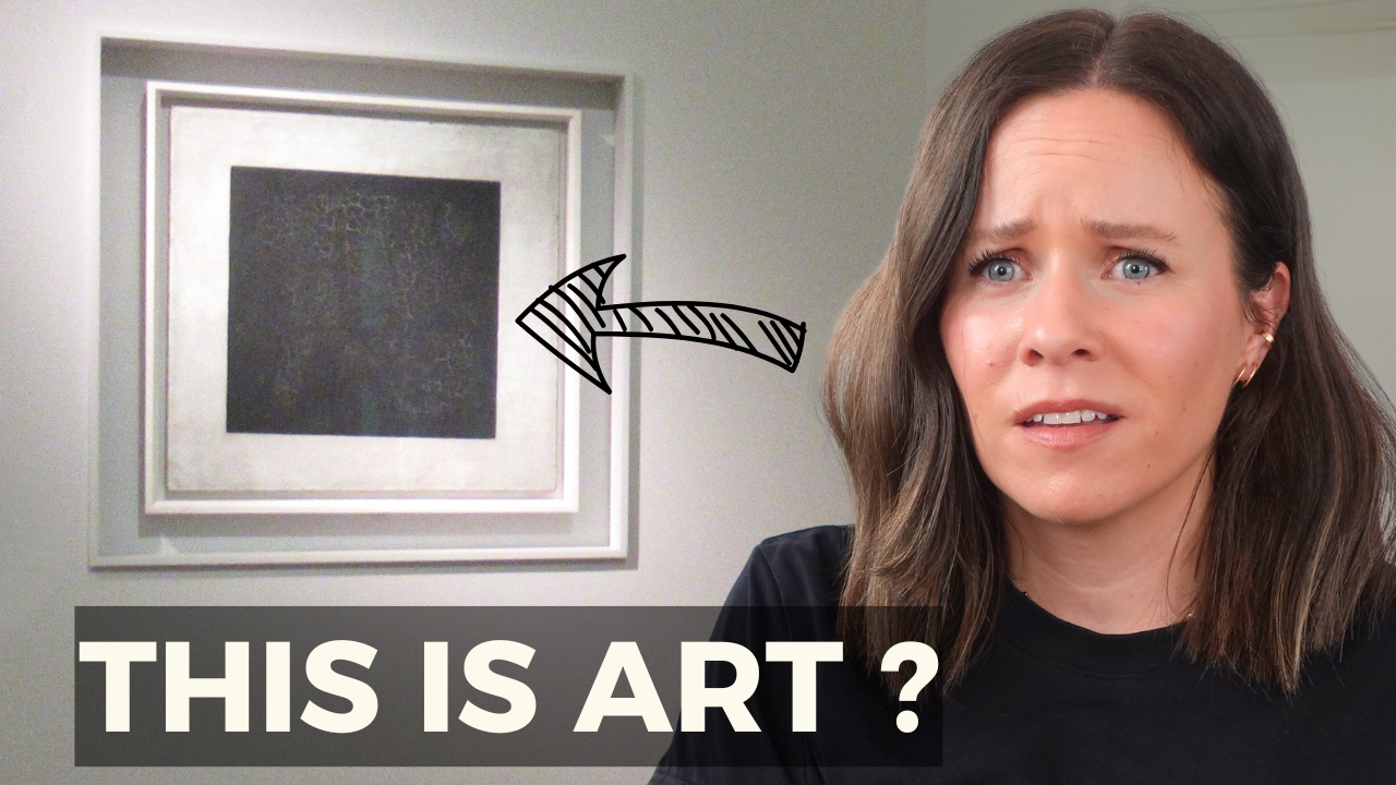 Carolin Ngo in Front of Malevich's Black Square with the text "This is art?"