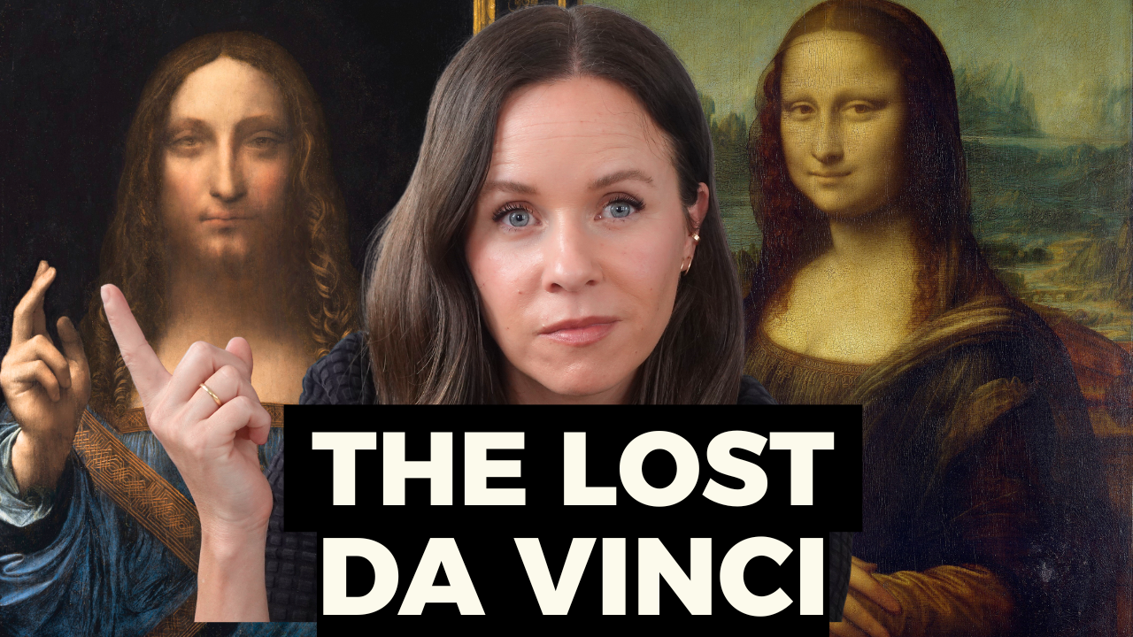 Carolin Ngo in front of Leonardo Da Vinci's Mona Lisa and Salvator Mundi with the text: The Lost Da Vinci