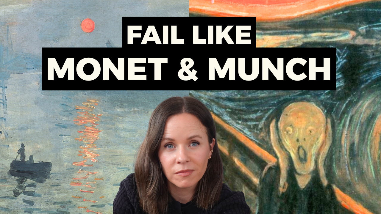 Carolin Ngo in front of paintings of Claude Monet and Edvard Munch with the text: Fail like Monet & Munch