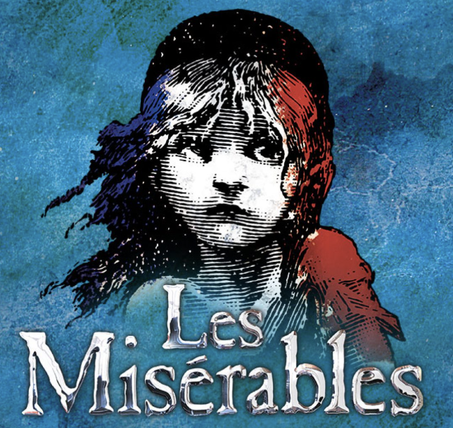 Illustration of a young girl on the cover of Les Misérables with a blue and red color scheme on a textured blue background.