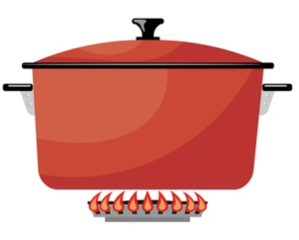 Illustration of a red pot on a gas stove with flames