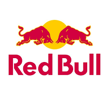 Red Bull logo featuring two red bulls charging towards each other in front of a yellow sun, with the text 'Red Bull' beneath.